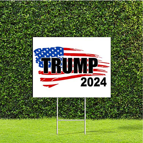 DesignThatSign Trump 2024 with Flag Background Yard Sign with Metal H Stake