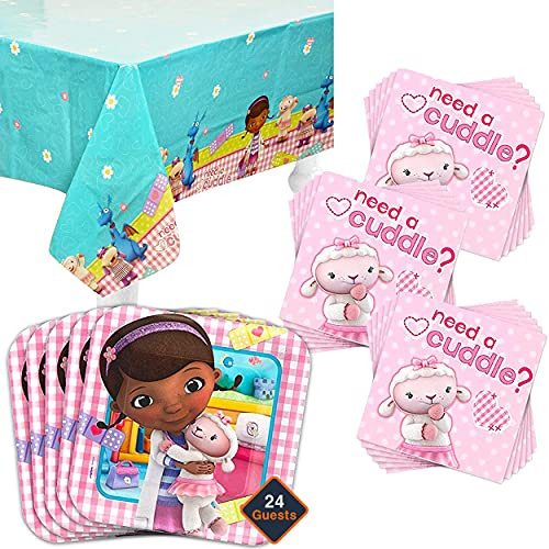 Disney Doc McStuffins Party Supplies Set, 24 Guests -- 24 Birthday Party Plates, 48 Napkins and Tablecover