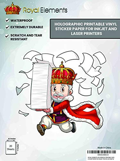 Royal Elements Printable Holographic Vinyl Sheets- Waterproof Vinyl Sticker Paper for Inkjet/Laser Printer | 20 Rainbow Sheets Royal Elements Printable Holographic Vinyl Sheets- Waterproof Vinyl Sticker Paper for Inkjet/Laser Printer | 20 Rainbow Sheets