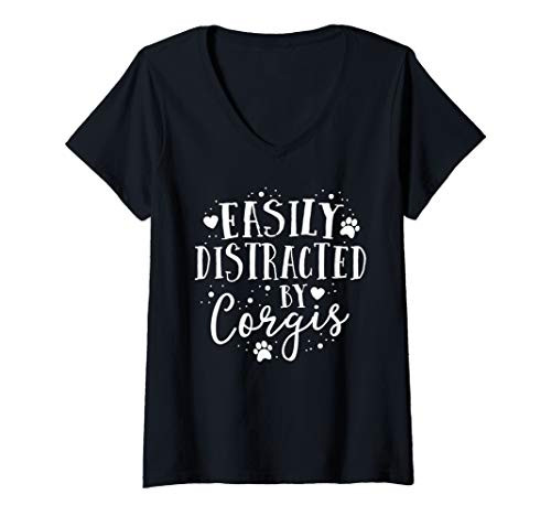 Womens Easily Distracted By Corgi Shirt Funny Dog Lover Puppy Gift V-Neck T-Shirt