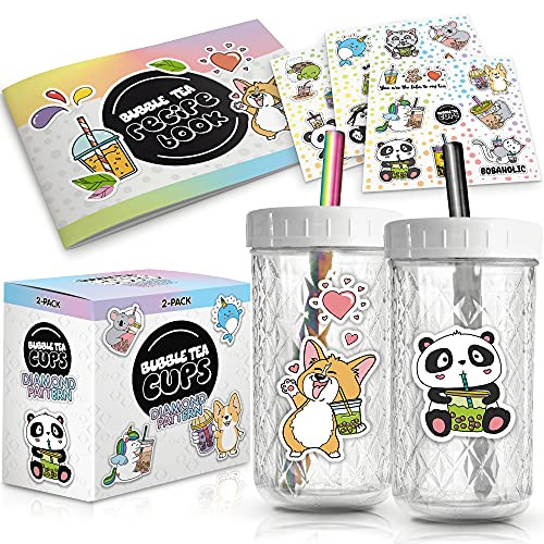 2-Pack Reusable Bubble Tea Cup Set  21oz Diamond-Pattern Glass Boba Tea Cups with Lids  and  Straws  Bubble Tea Gift Set Includes Recipe Book  and  Stickers - Reusable Boba Cup for Milk Tea  and  Smoothie