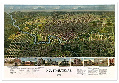 Antiguos Maps - Birds Eye View Map of Houston, Texas Circa 1891 - Measures 24 in x 36 in -610 mm x 915 mm-