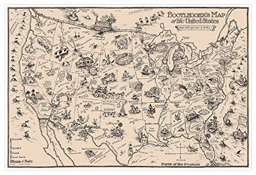 Antiguos Maps - Bootleggers Map of The USA Circa 1926 24x36 - Measures 24 inches x 36 inches -610 mm x 915 mm-