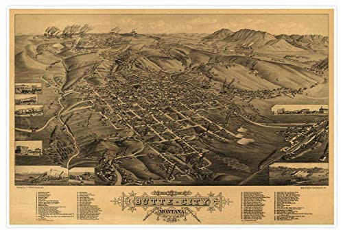 Antiguos Maps - Butte City Montana Bird's Eye View Map Circa 1884 - Measures 24 inches x 36 inches -610 mm x 915 mm-
