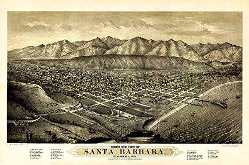 Antiguos Maps - Bird's Eye View Map of Santa Barbara, California Looking North to The Santa Barbara Mountains Circa 1877 - Measures 24 in x 36 in -610 mm x 915 mm-