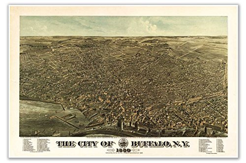 Antiguos Maps - Buffalo New York Birds Eye View Map Circa 1880 - Measures 24 in x 36 in -610 mm x 915 mm-