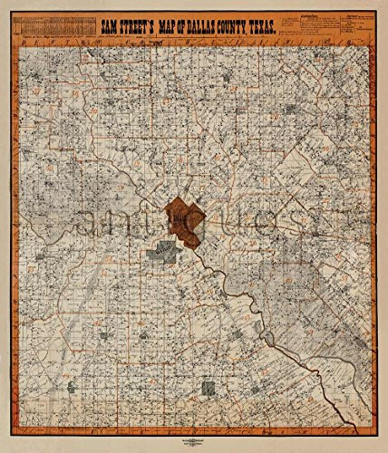 Antiguos Maps - Sam Street's Map of Texas Dallas County Circa 1900 - Measures 24 in x 28 in -610 mm x 711 mm-