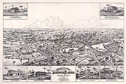 Antiguos Maps - Bird's Eye View Map of Longwood, Florida, Orange County Circa 1885 - Measures 24 in x 36 in -610 mm x 915 mm-