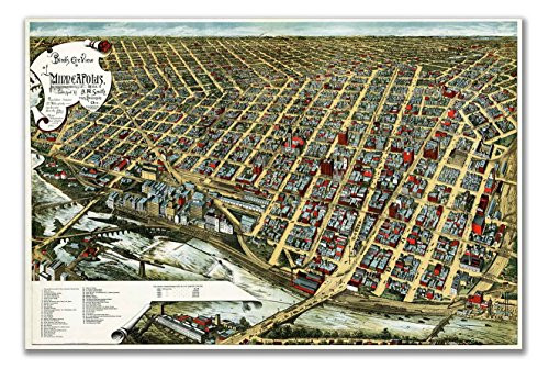 Antiguos Maps - Birds Eye View Wall Map of Minneapolis Minnesota Circa 1891 - Measures 24 in x 36 in -610 mm x 915 mm-