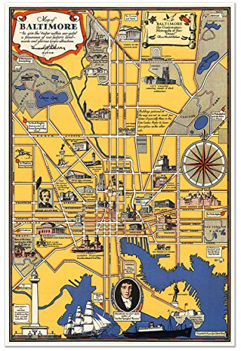 Antiguos Maps - Pictoral map of Baltimore, Maryland Circa 1930 - Measures 24 in x 36 in -610 mm x 915 mm-