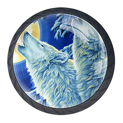 Idealiy Winter Wolf Howling Moon Painting Cabinet Door Knobs Handles Pulls Cupboard Handles Drawer Wardrobe 4pcs