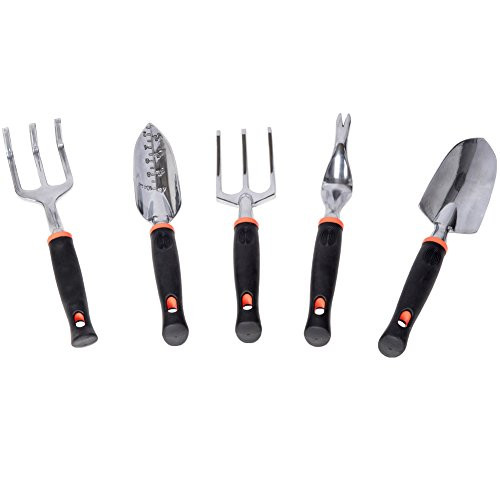 Sundale Outdoor Garden Tools Set, 5 Piece Stainless Steel Heavy Duty Gardening Kit with Soft Rubberized Non-Slip Handle - Cultivator, Trowel, Weeder, Weeding Fork, Transplanter