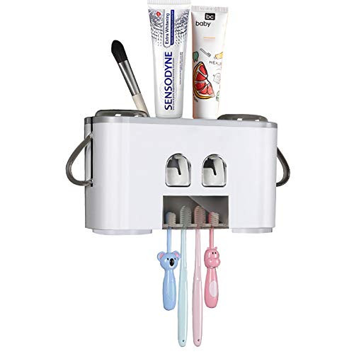 Toothbrush Holder, Wekity Toothbrush Holder Wall Mounted for Bathroom, Multifunctional Toothbrush and Toothpaste Holder with 4 Toothbrush Slots, 2 Toothpaste Dispenser, and 4 Cups with Handle -Grey- Toothbrush Holder, Wekity Toothbrush Holder Wall Mounted for Bathroom, Multifunctional Toothbrush and Toothpaste Holder with 4 Toothbrush Slots, 2 Toothpaste Dispenser, and 4 Cups with Handle -Grey-