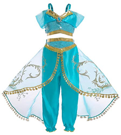 Jurebecia Girls Princess Jasmine Dress Up Costumes Arabian Princess Dress Halloween Party 2-10 Years (Green, 8(7-8Years))