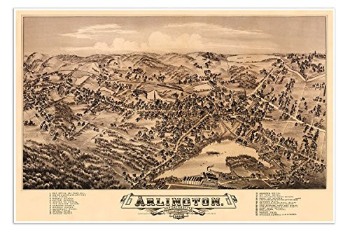 Antiguos Maps - Arlington Massachusetts Birds Eye View Map Circa 1884 - Measures 24 in x 36 in -610 mm x 915 mm-