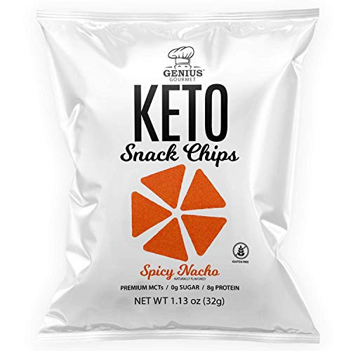 Genius Gourmet Protein Keto Chips, Low Carb, Premium MCTs, Gluten Free, Keto Snack -Spicy Nacho-, pack of 8, 1.13 oz. -32 g- each Genius Gourmet Protein Keto Chips, Low Carb, Premium MCTs, Gluten Free, Keto Snack -Spicy Nacho-, pack of 8, 1.13 oz. -32 g- each