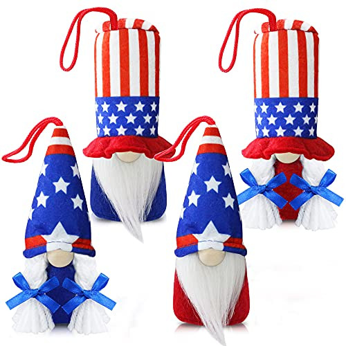 4th of July Gnome Ornament Decorations - 4 Pcs Handmade Patriotic Gnomes Ornaments Stars and Stripes Scandinavian Tomte - Fourth of July Gift, Veterans Day Independence Day Home Hanging Decorations