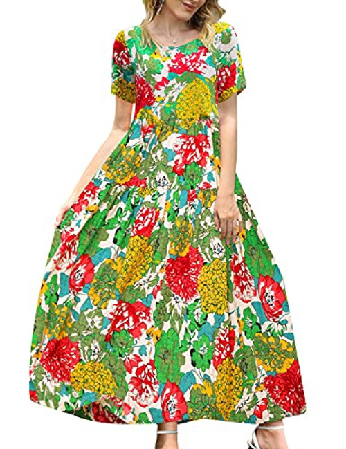 YESNO Women Casual Loose Bohemian Floral Dress with Pockets Short Sleeve Long Maxi Summer Beach Swing Dress -L EJF CR10-