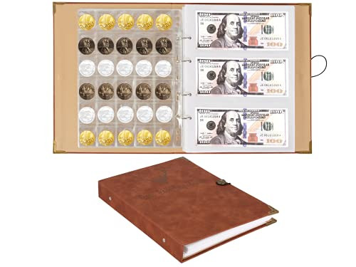 150 Pockets Coin Collecting Holder Album, 240 Pockets Paper Money Penny Currency Collection Holder, Leather Coin Currency Collecting Holder Album, Large Storage Coins Collectors Book. -Brown Red-