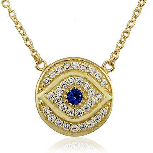 925 Sterling Silver Yellow Gold-Tone White Blue CZ Round Hamsa Evil Eye Womens Pendant Necklace