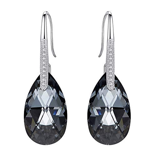 EleQueen 925 Sterling Silver CZ Teardrop Shepherd Hook Dangle Earrings Grey-Black Made with Crystals