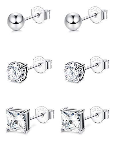 Sllaiss 3 Pairs 925 Sterling Silver Tiny Stud Earrings Set for Women Men White Gold Plated 4mm Round Ball Cubic Zirconia Cartilage Stud Earrings Jewelry Gift -Silver Tone-