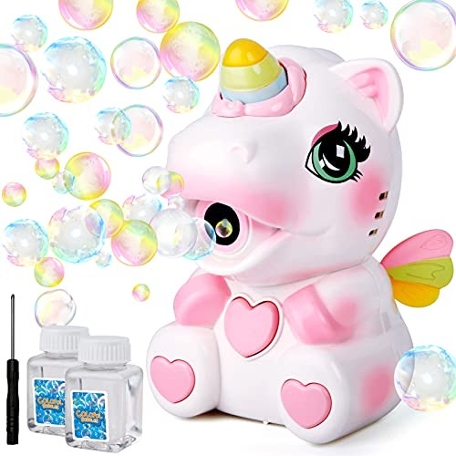 PP PICADOR Bubble Machine Unicorn for Kids Toddler, Automatic Bubble Maker Machine with Bubble Solution, Portable Bubble Blower Party Toys for Indoor Outdoor-Pink-
