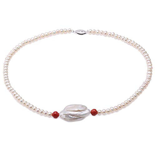 JYX Pearl Necklace Single Strand Handmade 5.5mm Flatly Round White Cultured Freshwater Pearl Necklace with Red Coral and Huge Baroque Pearl for Women 17" JYX Pearl Necklace Single Strand Handmade 5.5mm Flatly Round White Cultured Freshwater Pearl Necklace with Red Coral and Huge Baroque Pearl for Women 17"