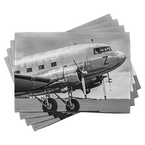 Ambesonne Vintage Airplane Place Mats Set of 4, Old Airliner Cockpit Antique Engine Propellers Wings and Nostalgia Image, Washable Fabric Placemats for Dining Room Kitchen Table Decor, Black Grey