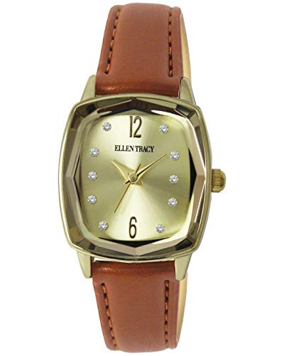 Ellen Tracy Womens Rectangular Watch with Rhinestone Embellishment -Gold-