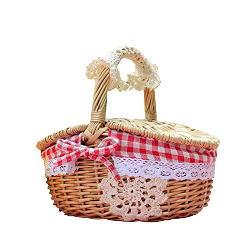 YHNHT Handmade Wicker Basket with Lid and Handle, Woven Picnic Basket Candy Basket Storage Hamper Basket for Picnic Camping Hiking Wedding