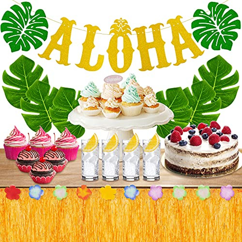 Whaline Aloha Party Decoration Set Hawaiian Luau Party Supplies Glitter Gold Aloha Banner Yellow Luau Grass Table Skirt Palm Leaves for Tropical Summer Beach Pool Party