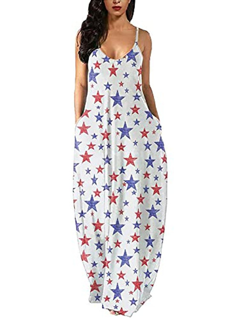 QILINXUAN 4th of July Dress for Women American Flag Printed Independence Day Long Maxi Dresses Sleeveless Summer Cami Dress -08, X-Large, x-l-