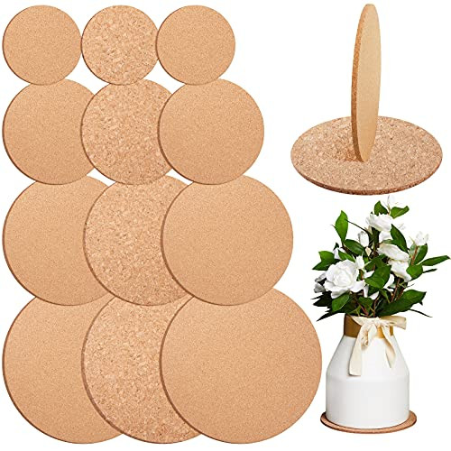 12 Pieces 4 Sizes Cork Coasters Mat Set, 0.2 Inch Thick, Round Cork Drink Coasters Brown Absorbent Cork Mats for Plants Drinks Pans Mugs Glasses