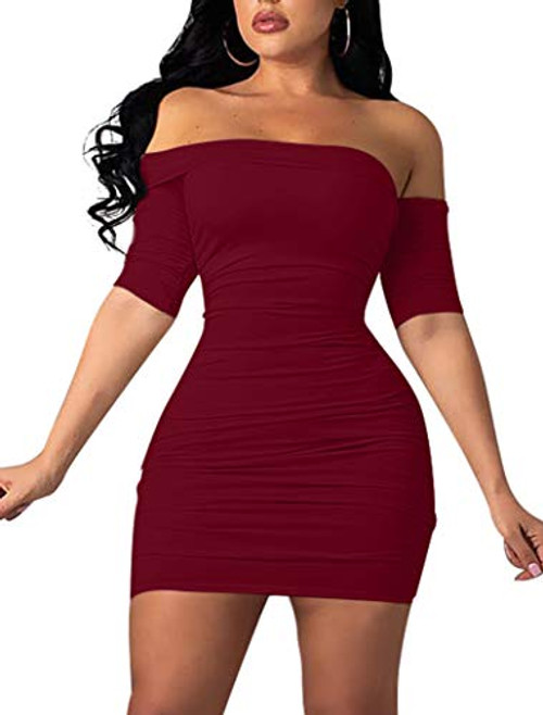 GOBLES Women's Summer Short Sleeve Sexy Bodycon Ruched Mini Party Dress WineRed