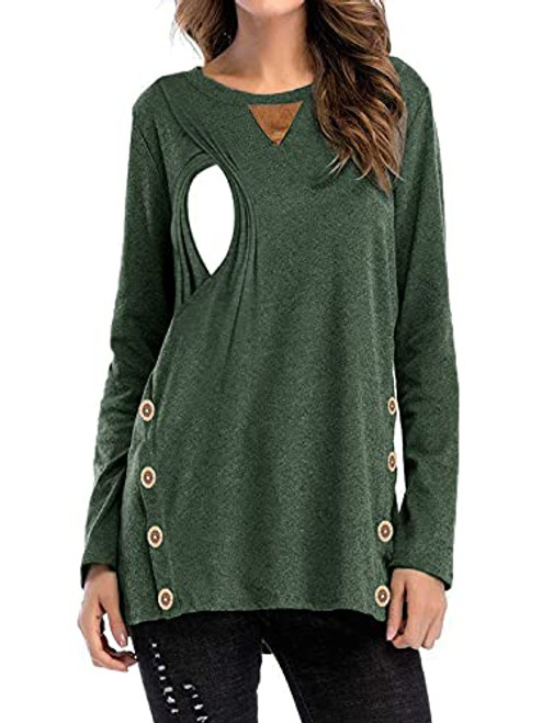 CzzzyL Blouse Nursing Tops, Maternity Women Long Sleeve Round Neck Soft Breastfeeding Tshirt Loose Fit Button Down Faux Suede Clothes-Green,Medium-