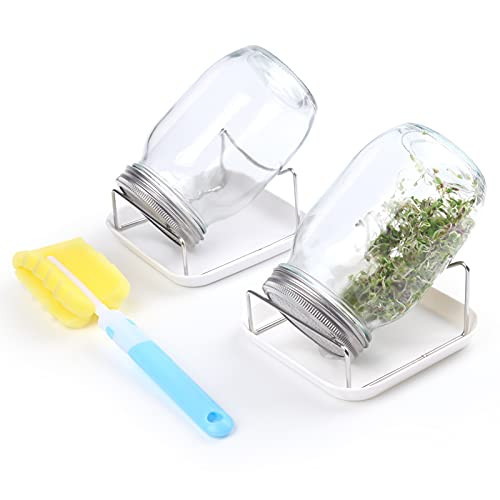 Sprouting Jar Kit - 2 Wide Mouth Mason Jars with 316 Stainless Steel Screen Sprout Lids, Tray,Stand and Brush | Seed Sprouter Set Germination Kit for Growing Broccoli, Alfalfa, Mung Bean -White-
