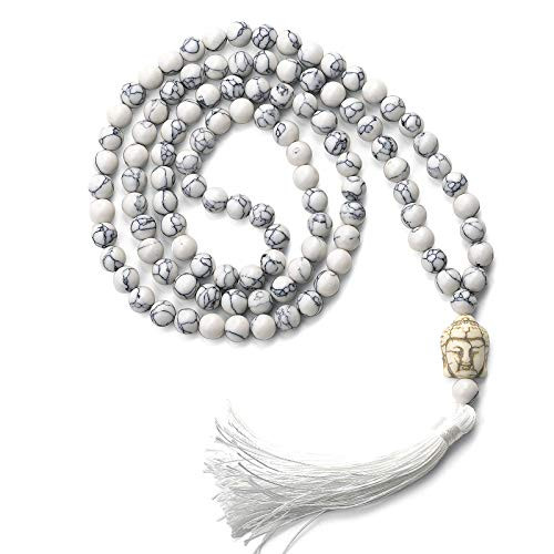 LIUANAN Yoga Meditation 108 Tibetan 8mm Natural Gemstone Prayer Buddha Beads Mala Wrap Bracelet Necklace -White Natural Turquoise-