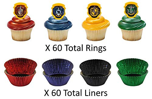 Harry Potter Cupcake Liners and Toppers - Hogwarts Houses Crest Rings with Matching Foil Baking Cups - Enough for 60 Cupcakes