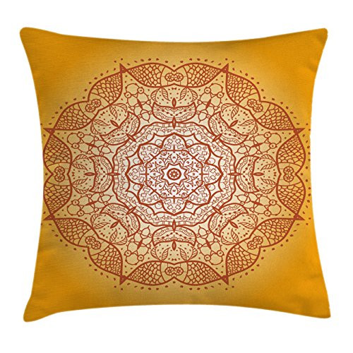 Ambesonne Mandala Throw Pillow Cushion Cover, Retro Oriental Circular Mehndi Inspired Curve Form Kirsch Image, Decorative Square Accent Pillow Case, 16" X 16", Dark Orange Marigold