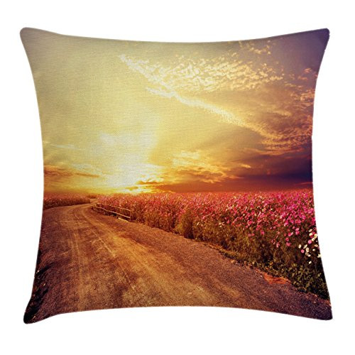 Ambesonne Scenery Throw Pillow Cushion Cover, Floral Theme Landscape of Cosmos Flower Field in Sky Sunset Illustration, Decorative Square Accent Pillow Case, 16" X 16", Orange and Yellow