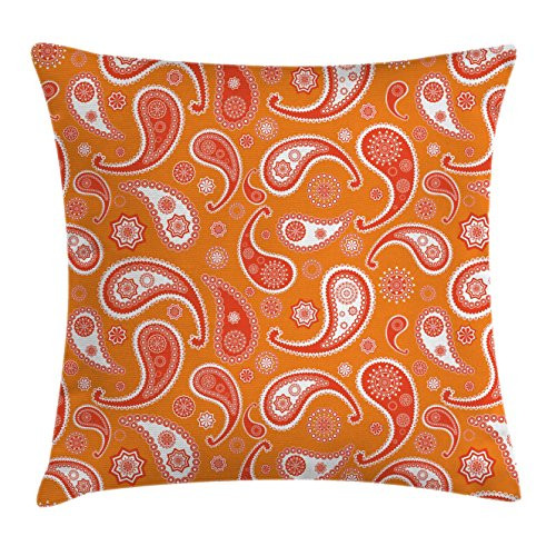 Ambesonne Burnt Orange Throw Pillow Cushion Cover, Paisley Unusual Motifs Eastern Oriental Style Patterns Print, Decorative Square Accent Pillow Case, 16" X 16", Orange White