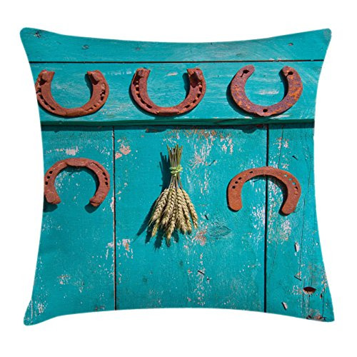 Ambesonne Western Throw Pillow Cushion Cover, 5 Antique Rusty Luck Horseshoe and Wheat Ears Bunch Picture, Decorative Square Accent Pillow Case, 16" X 16", Turquoise and Brown