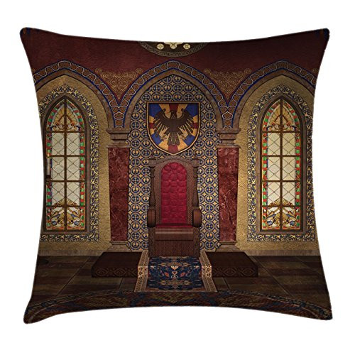 Ambesonne Gothic Throw Pillow Cushion Cover, Red Medieval in Chapel Eagle Portrait on Wall Fantasy Building Print, Decorative Square Accent Pillow Case, 16" X 16", Brown Ruby