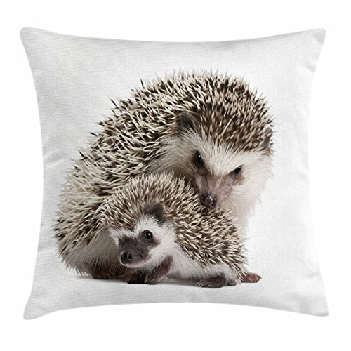 Ambesonne Hedgehog Throw Pillow Cushion Cover, Atelerix Albiventris Photography with Mother and Love and Family Theme, Decorative Square Accent Pillow Case, 16" X 16", Brown Ivory