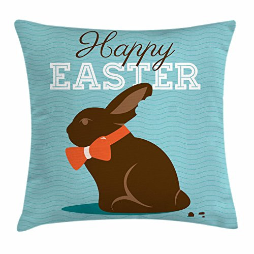 Ambesonne Easter Throw Pillow Cushion Cover, Chocolate Bunny with an Orange Bow Tie on a Wavy Stripes Background, Decorative Square Accent Pillow Case, 16" X 16", Dark Brown Orange Pale Blue