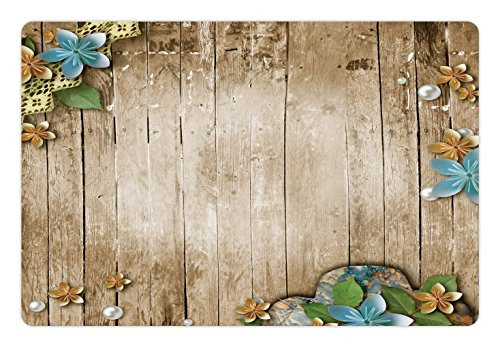 Lunarable Pearls Pet Mat for Food and Water, Flowers Pearls and Lace on Rustic Wooden Planks Background Vintage Style Print, Rectangle Non-Slip Rubber Mat for Dogs and Cats, Brown and Blue Lunarable Pearls Pet Mat for Food and Water, Flowers Pearls and Lace on Rustic Wooden Planks Background Vintage Style Print, Rectangle Non-Slip Rubber Mat for Dogs and Cats, Brown and Blue