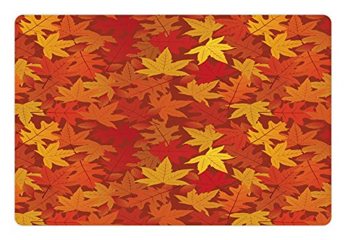 Ambesonne Orange Pet Mat for Food and Water, Colorful Autumn Fall Season Maple Leaves in Unusual Designs Nature Print, Rectangle Non-Slip Rubber Mat for Dogs and Cats, Burnt Orange