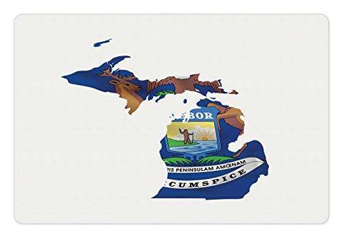 Lunarable Michigan Pet Mat for Food and Water, Lakes State Map with Flag Wolverine Elk and Moose Eagle Sun Lake, Rectangle Non-Slip Rubber Mat for Dogs and Cats, Cobalt Blue Multicolor