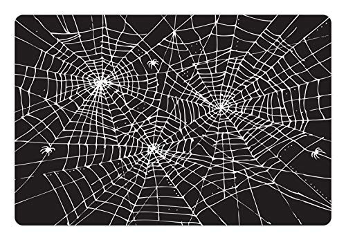 Lunarable Spiderweb Pet Mat for Food and Water, Greyscale Halloween Style Web Design Composition Scary Themes Print, Non-Slip Rubber Mat for Dogs and Cats, 18" X 12", Charcoal Grey and White
